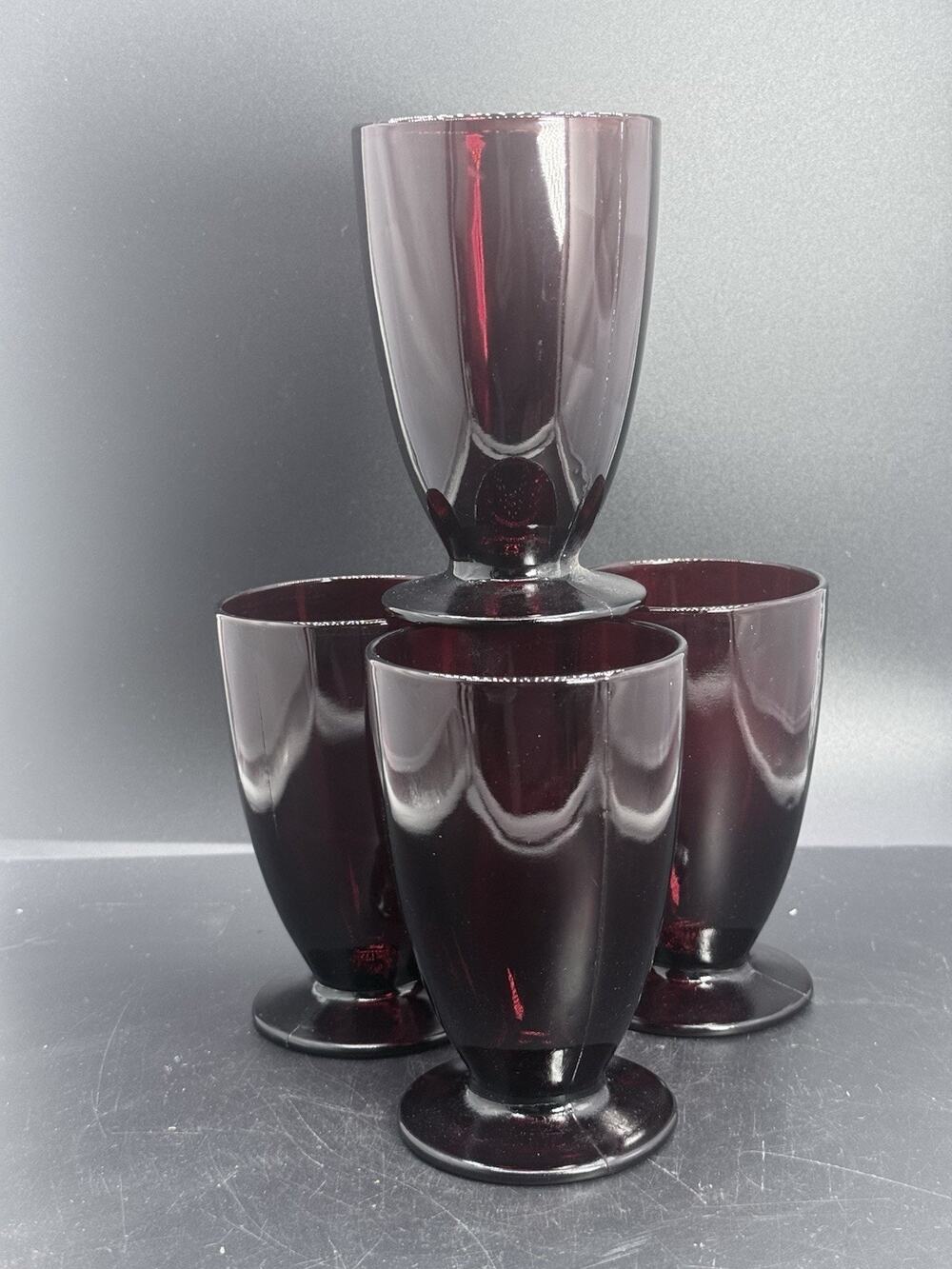 Ruby Red Glass Goblets Set of 4 Solid Glossy Round Stemmed Drinking Cups